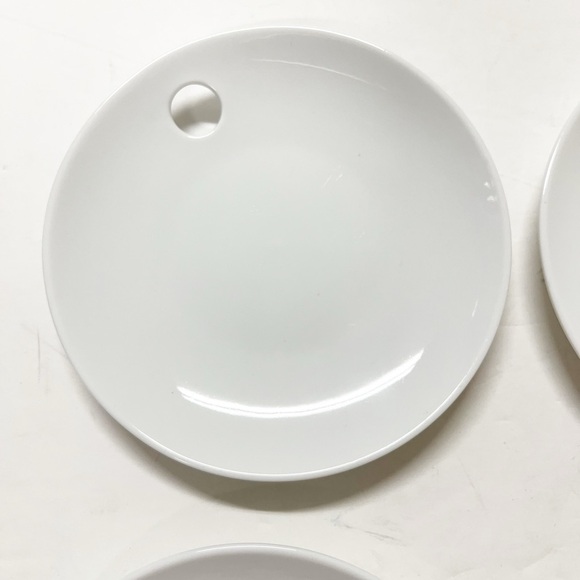 Crate & Barrel White Porcelain 6" Loop Plate Appetizer Plate with Hole Set of 4 - Picture 6 of 7